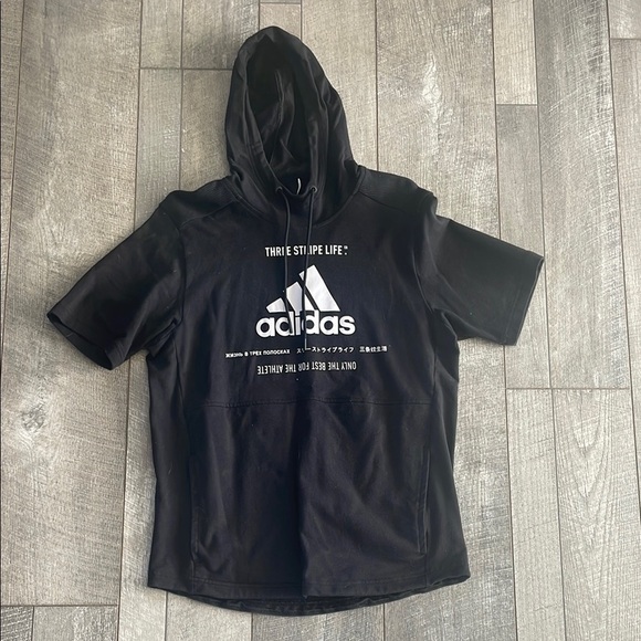 Adidas Size Medium Black Post Game Ribbed Short-Sleeve Hoodie Sweatshirt - Picture 5 of 5
